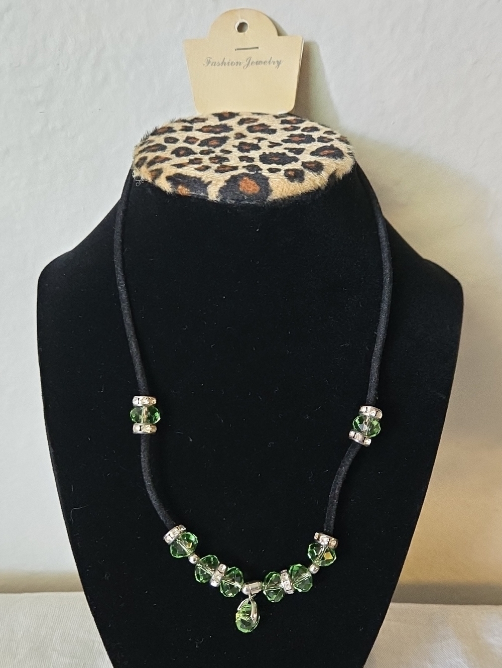 NWT Green Crystal Beaded Pendant Necklace Black Cord Fashion Jewelry